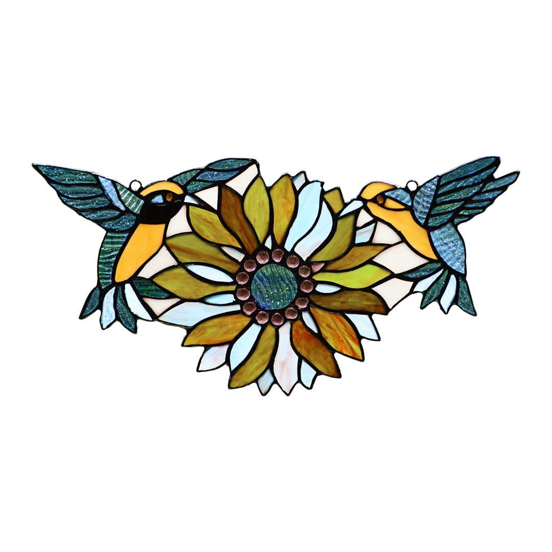 7.87" x 16.14" Hummingbird & Green Sunflower Stained Glass Window Suncatcher
