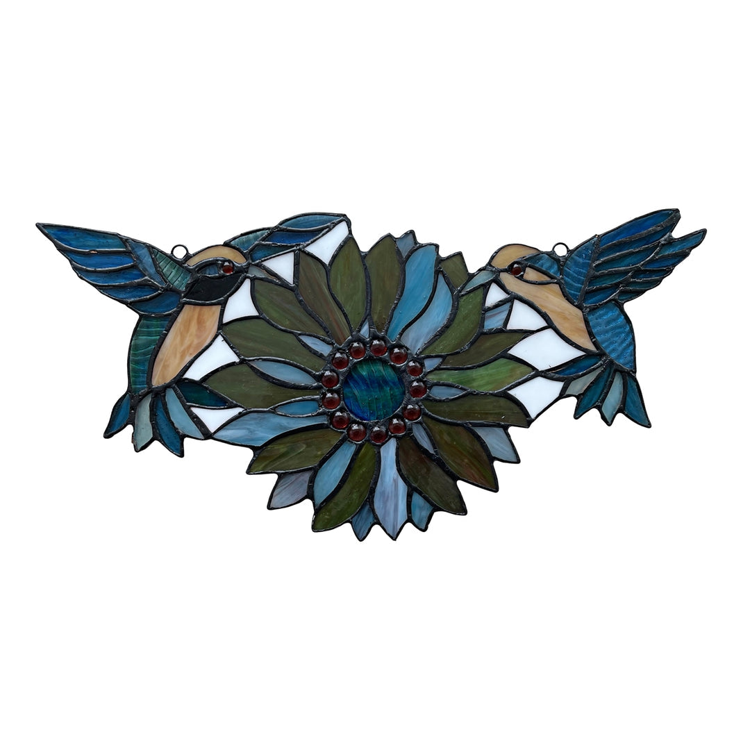 7.87" x 16.14" Hummingbird & Green Sunflower Stained Glass Window Suncatcher