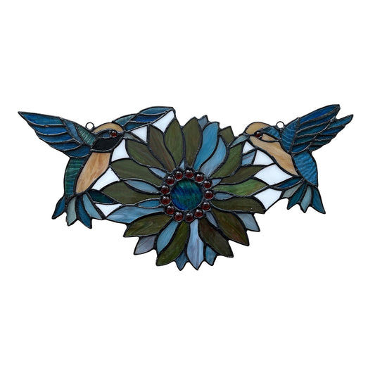 7.87" x 16.14" Hummingbird & Green Sunflower Stained Glass Window Suncatcher