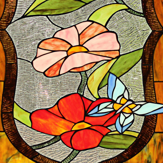 32.68" x 19.49" Hummingbird & Butterfly Floral Stained Glass Window Panel