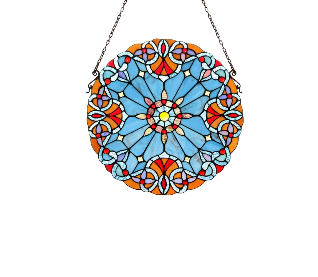 20" x 20" Blue Victorian Medallion Stained Glass Window Panel