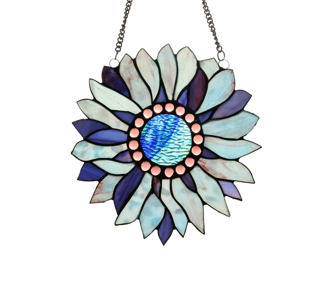 11" x 11" Blue Sunflower Stained Glass Window Suncatcher