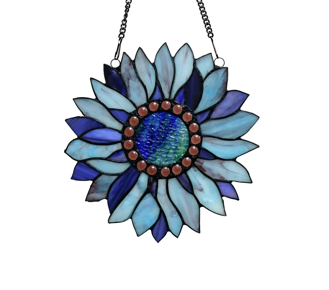 11" x 11" Blue Sunflower Stained Glass Window Suncatcher
