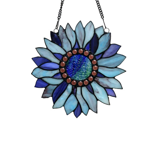 11" x 11" Blue Sunflower Stained Glass Window Suncatcher