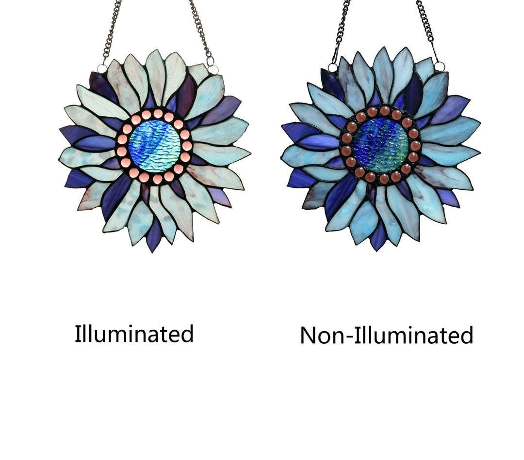 11" x 11" Blue Sunflower Stained Glass Window Suncatcher