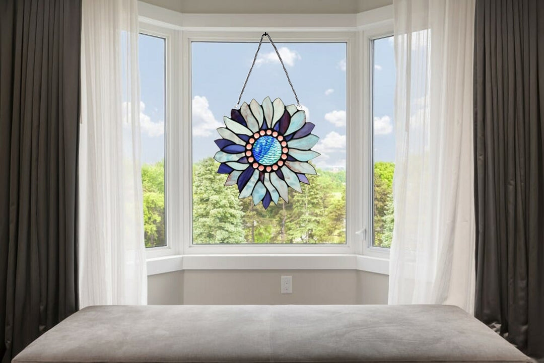 11" x 11" Blue Sunflower Stained Glass Window Suncatcher