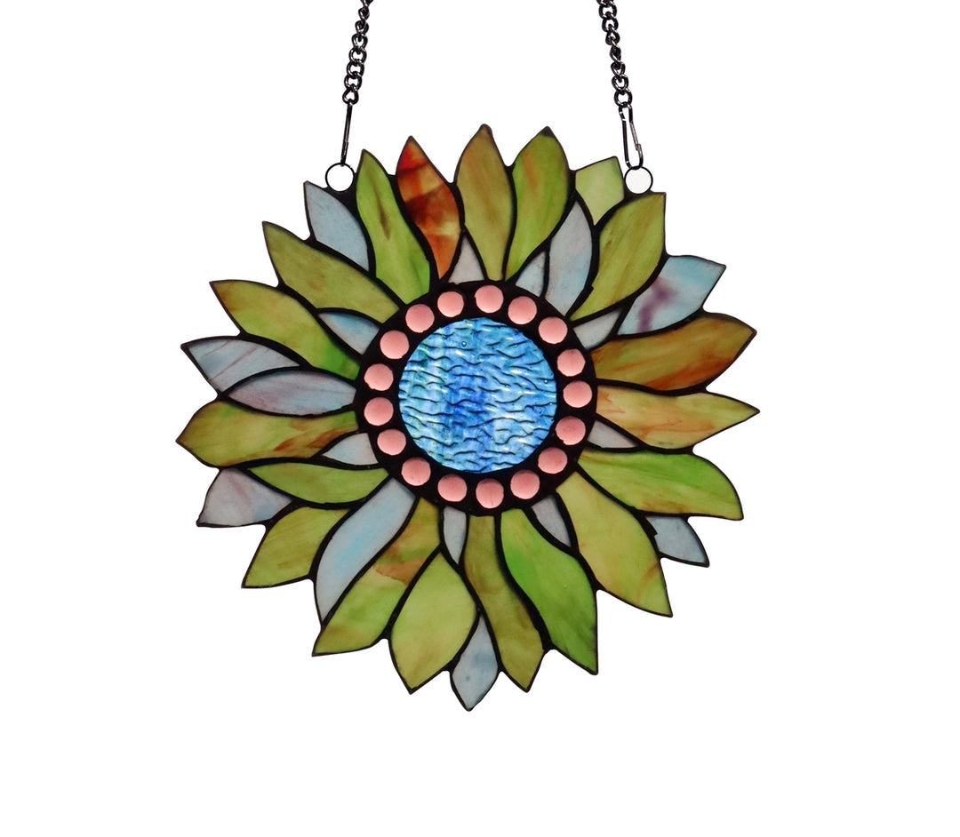 11" x 11" Green Sunflower Stained Glass Window Suncatcher