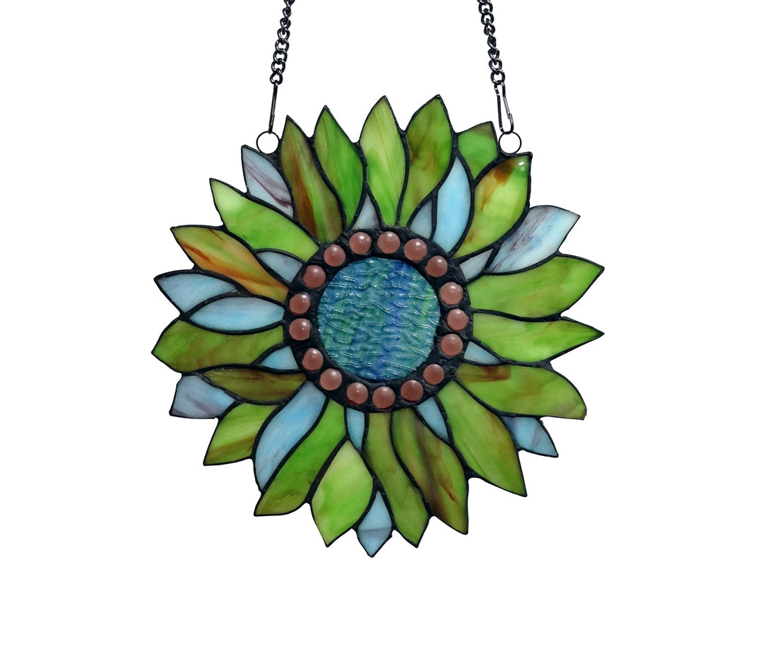 11" x 11" Green Sunflower Stained Glass Window Suncatcher