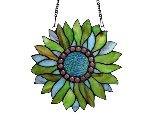 11" x 11" Green Sunflower Stained Glass Window Suncatcher