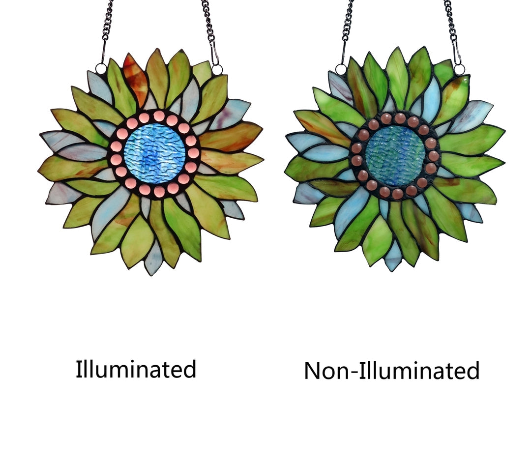 11" x 11" Green Sunflower Stained Glass Window Suncatcher