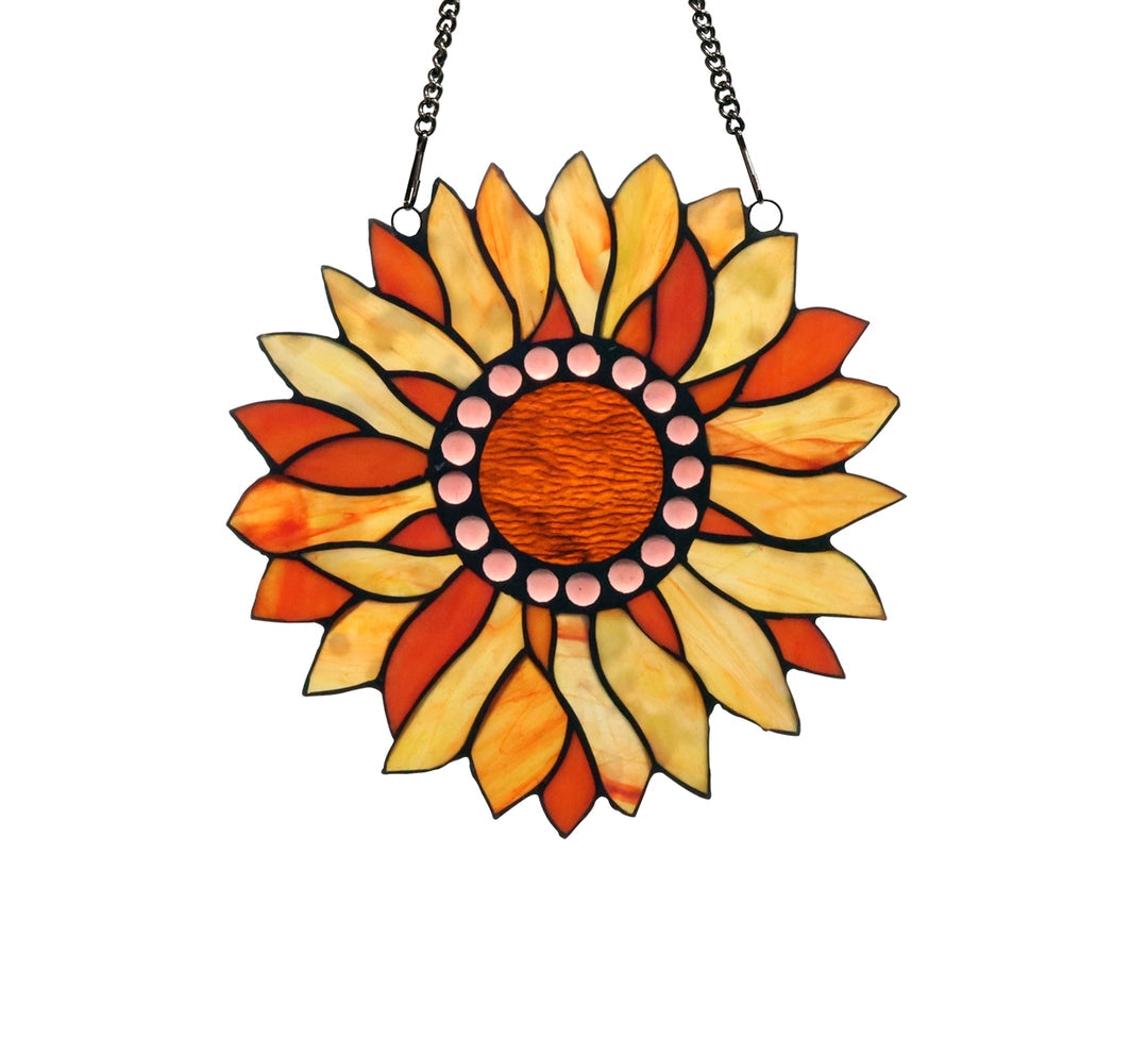 11" x 11" Orange Sunflower Stained Glass Window Suncatcher