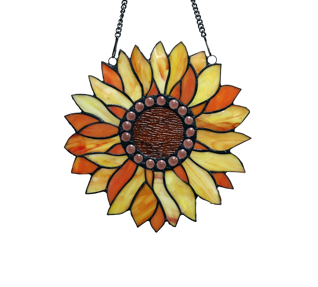 11" x 11" Orange Sunflower Stained Glass Window Suncatcher