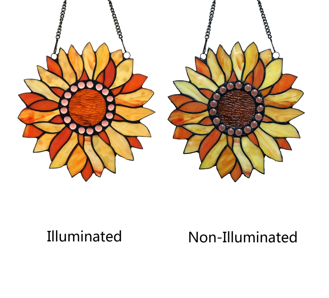 11" x 11" Orange Sunflower Stained Glass Window Suncatcher