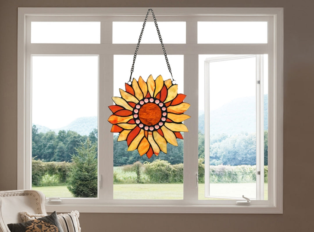 11" x 11" Orange Sunflower Stained Glass Window Suncatcher