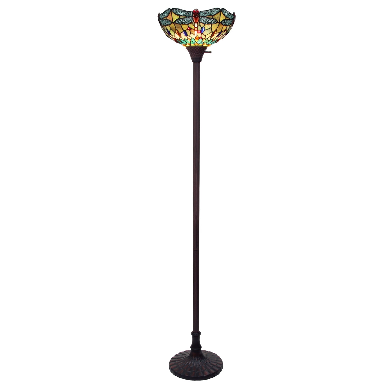 69.49" Antique Vintage Style Stained Glass Dragonfly Torchiere Floor Lamp