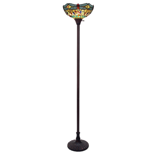 69.49" Antique Vintage Style Stained Glass Dragonfly Torchiere Floor Lamp