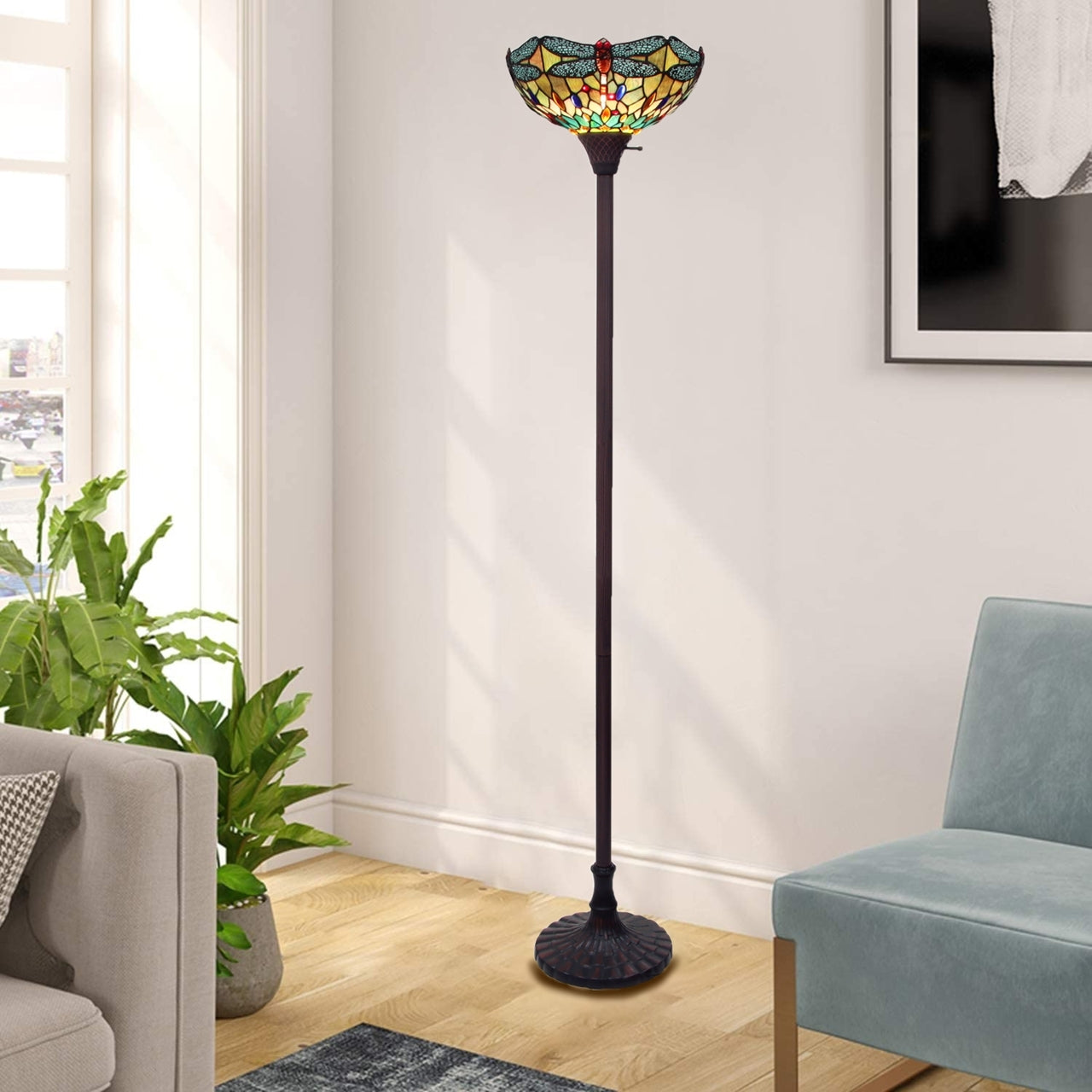 69.49" Antique Vintage Style Stained Glass Dragonfly Torchiere Floor Lamp