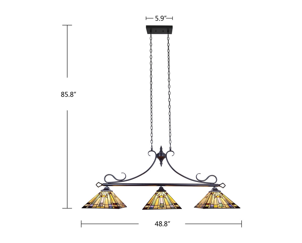 85.8" x 48.8" Mission-Style Stained Glass 3-Light Island Pendant