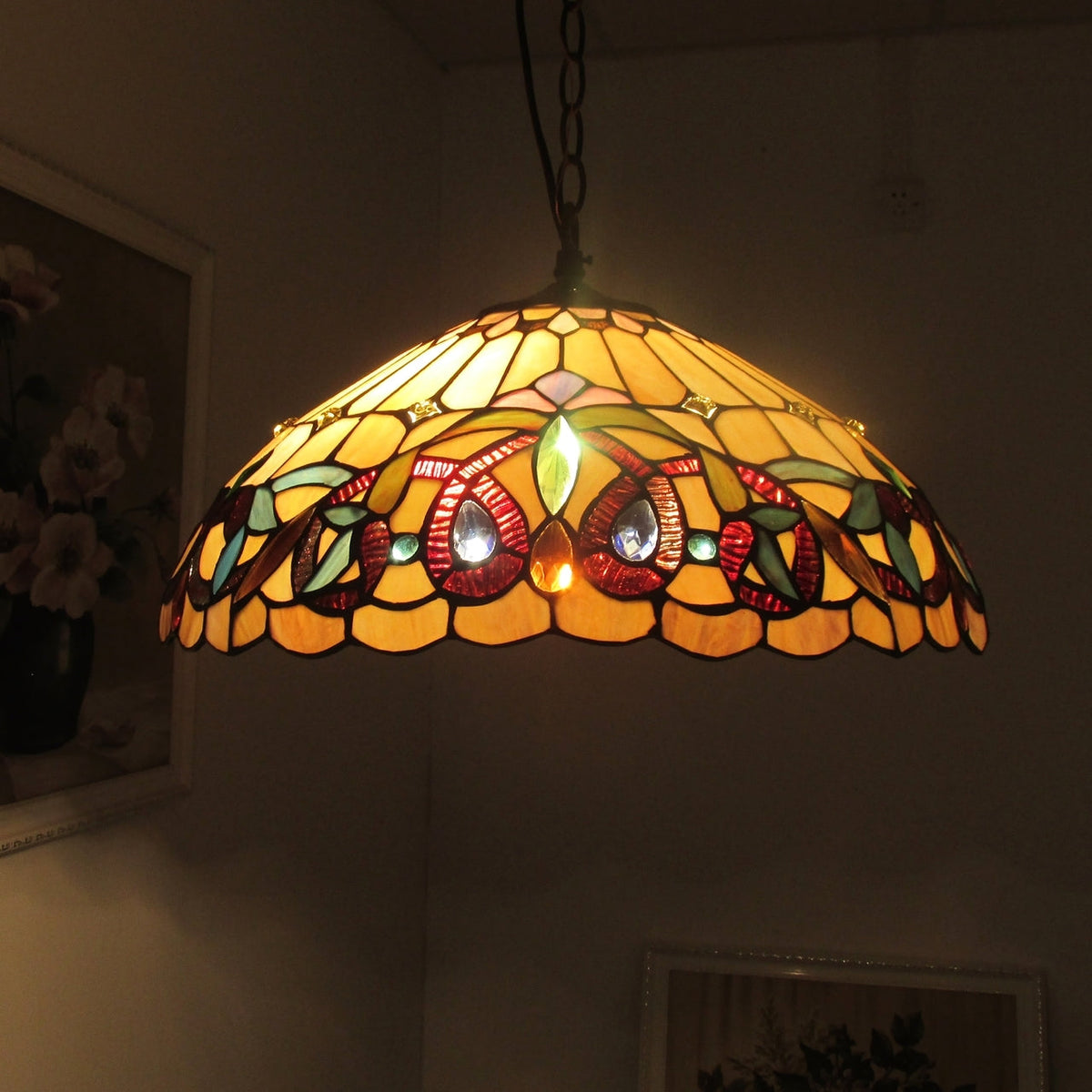 8" x 16" Victorian Stained Glass 2-Light Ceiling Pendant