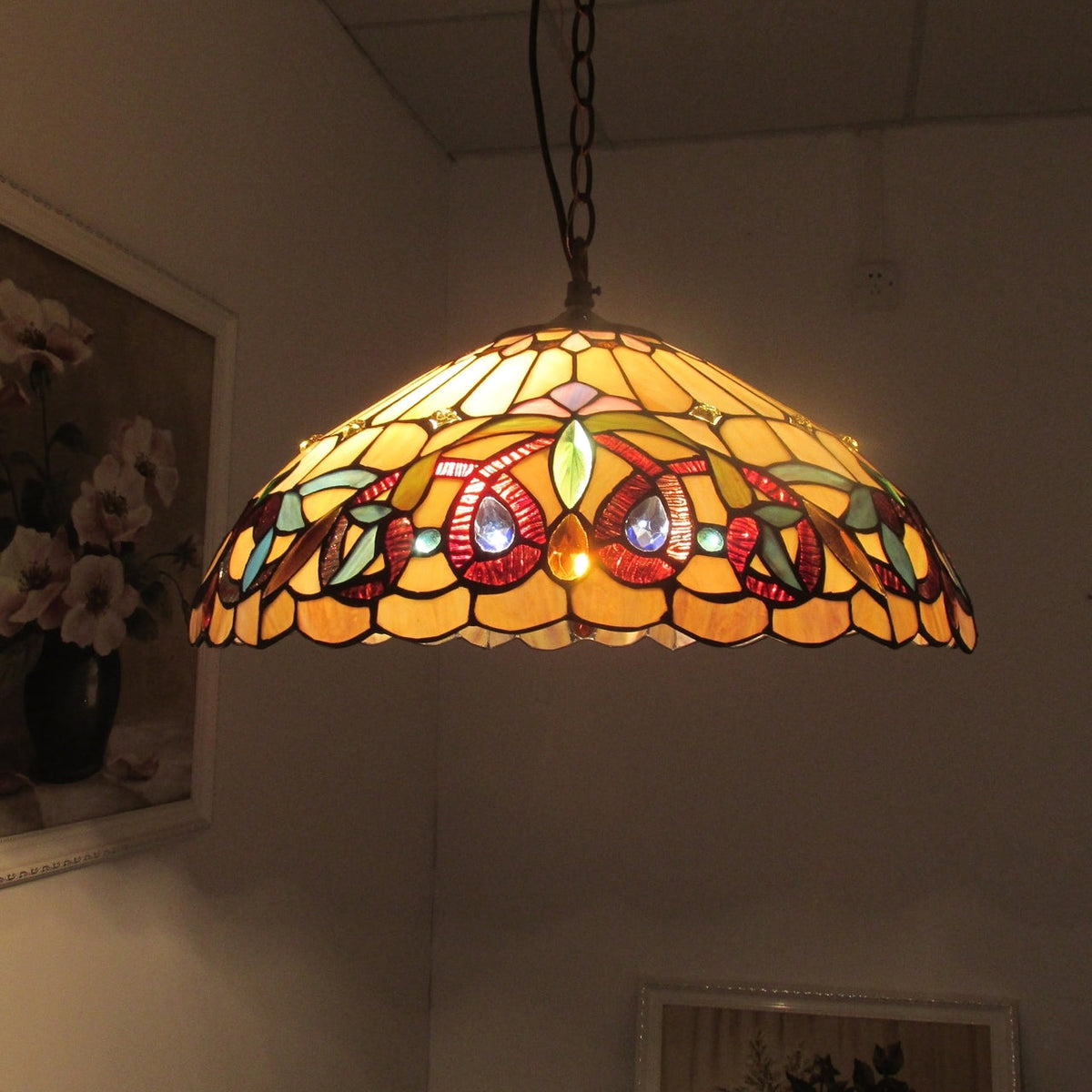 8" x 16" Victorian Stained Glass 2-Light Ceiling Pendant