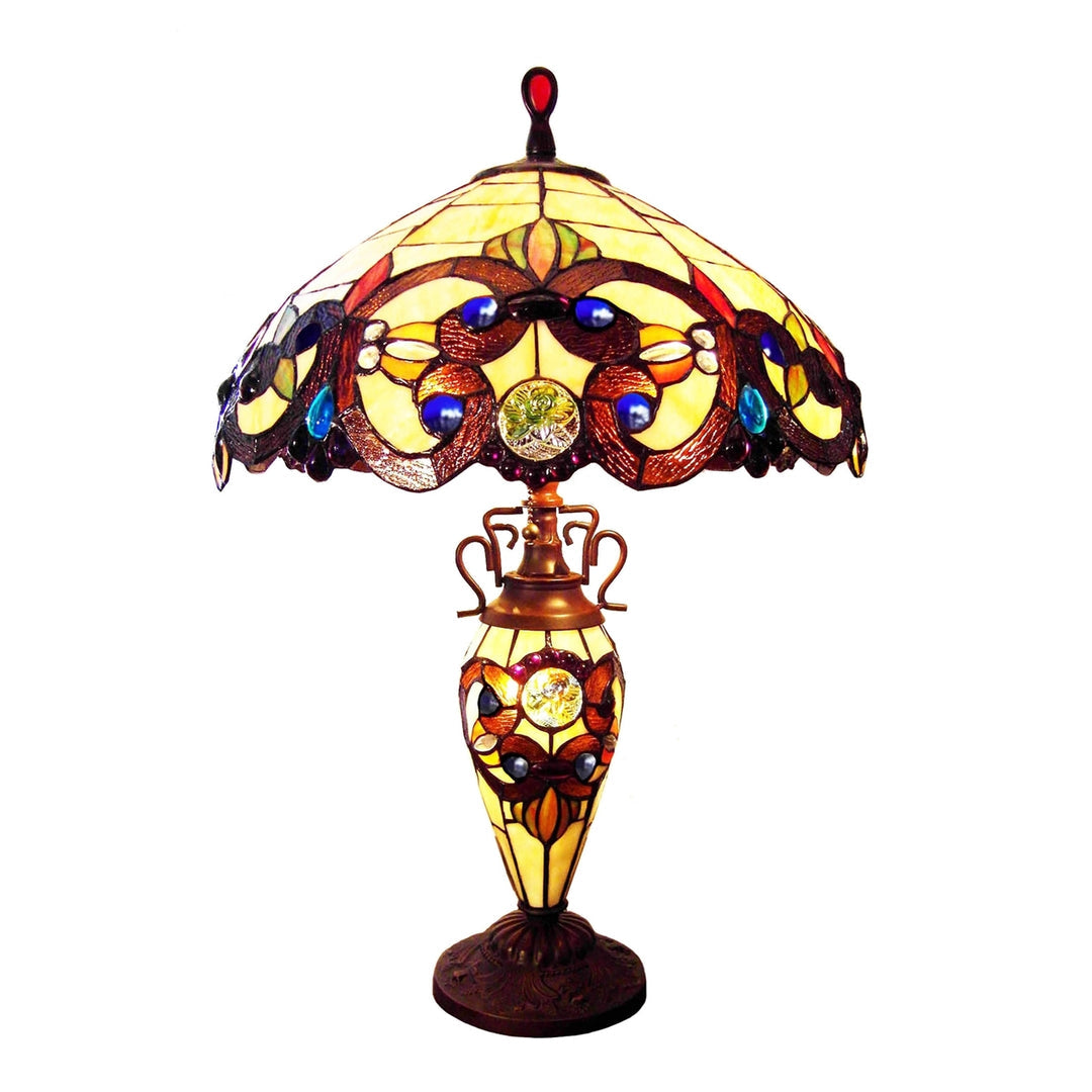 24.5" x 18" Victorian Double-Lit Stained Glass Table Lamp – Amber