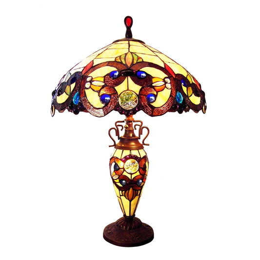 24.5" x 18" Victorian Double-Lit Stained Glass Table Lamp – Amber