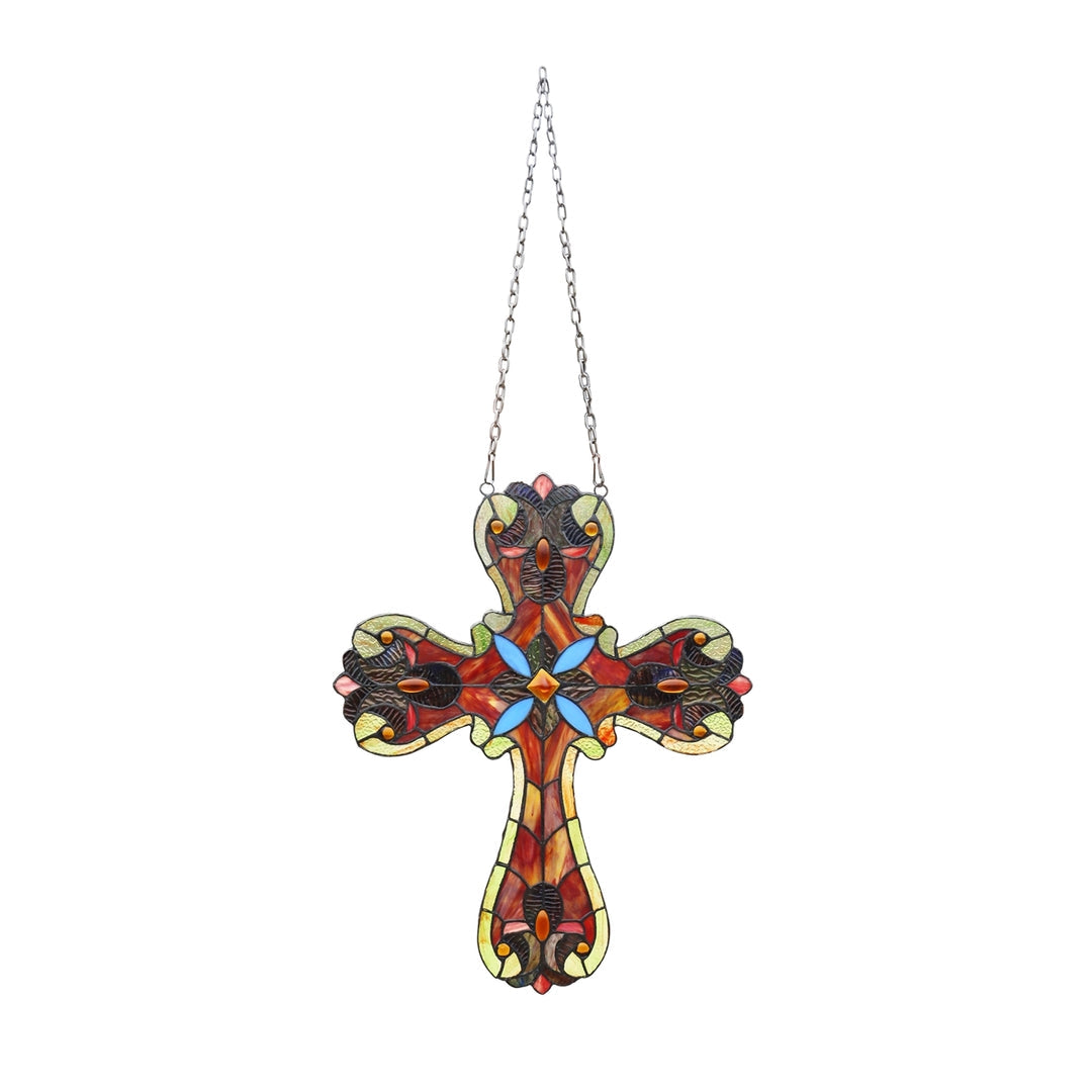 20" x 15.9" Victorian Cross Stained Glass Window Panel