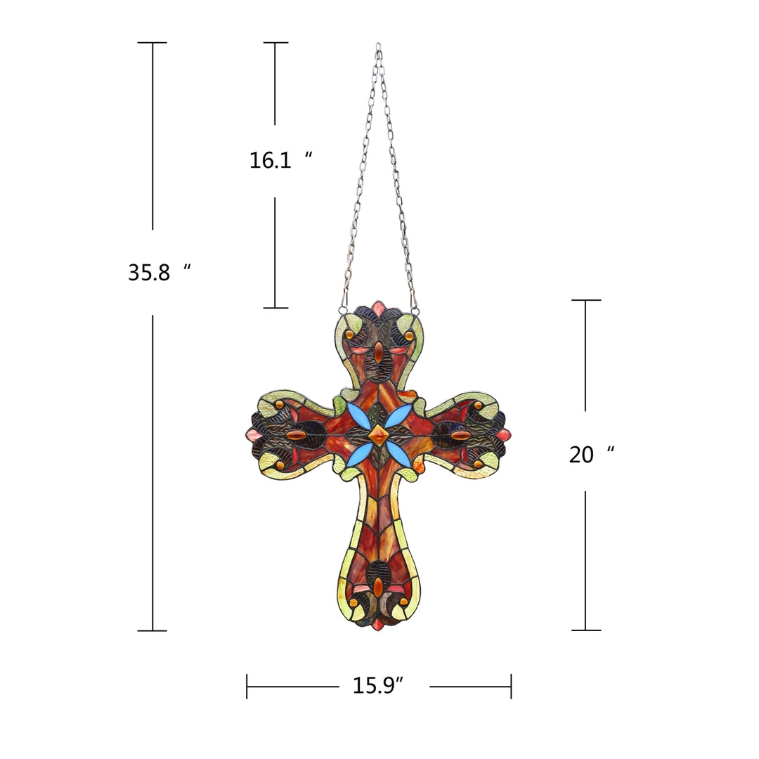 20" x 15.9" Victorian Cross Stained Glass Window Panel