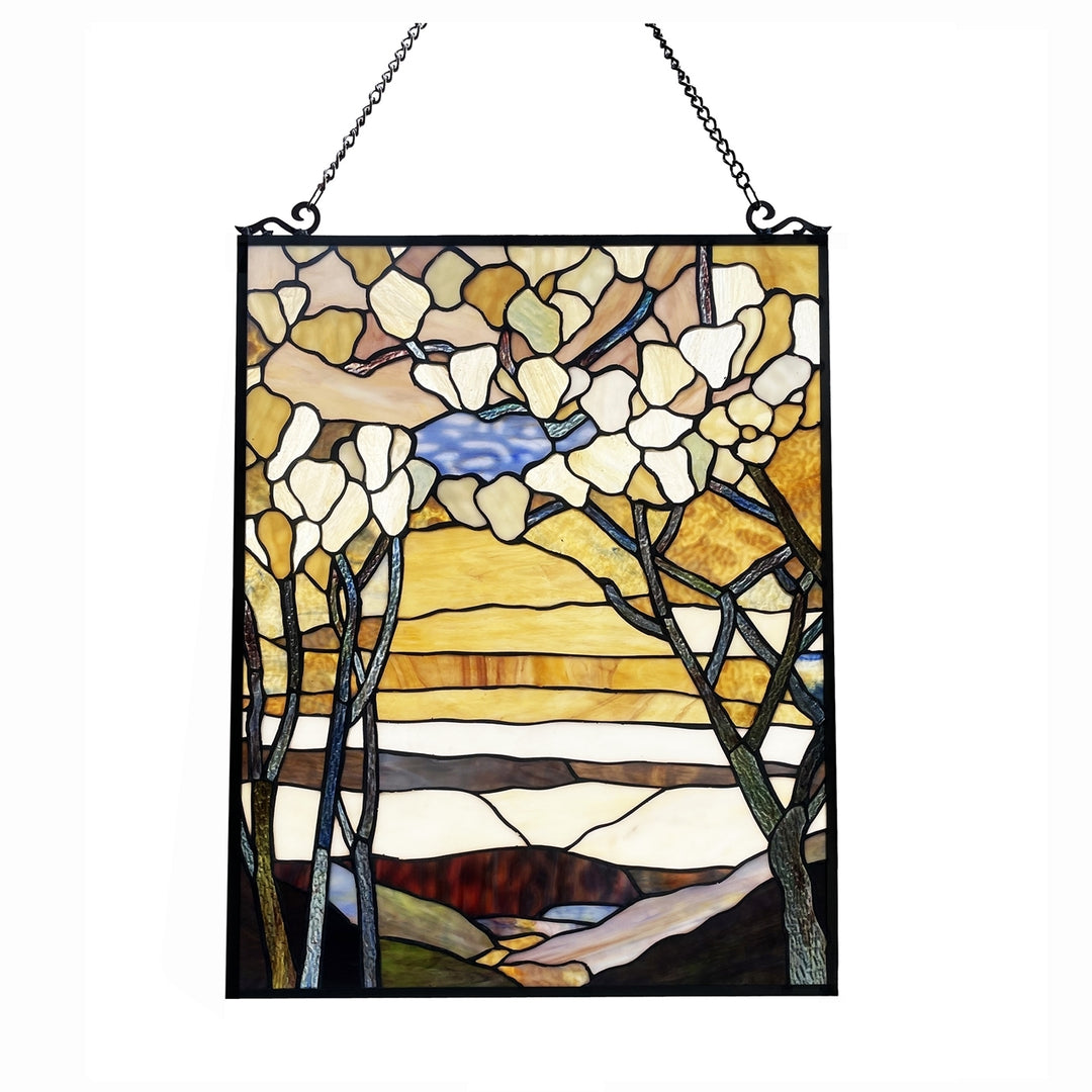 25" x 19" Autumn Landscape Stained Glass Window Panel