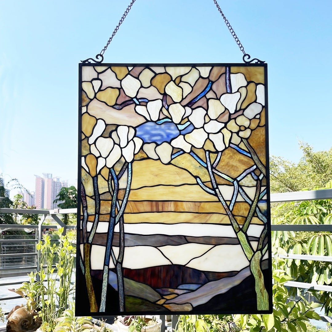 25" x 19" Autumn Landscape Stained Glass Window Panel