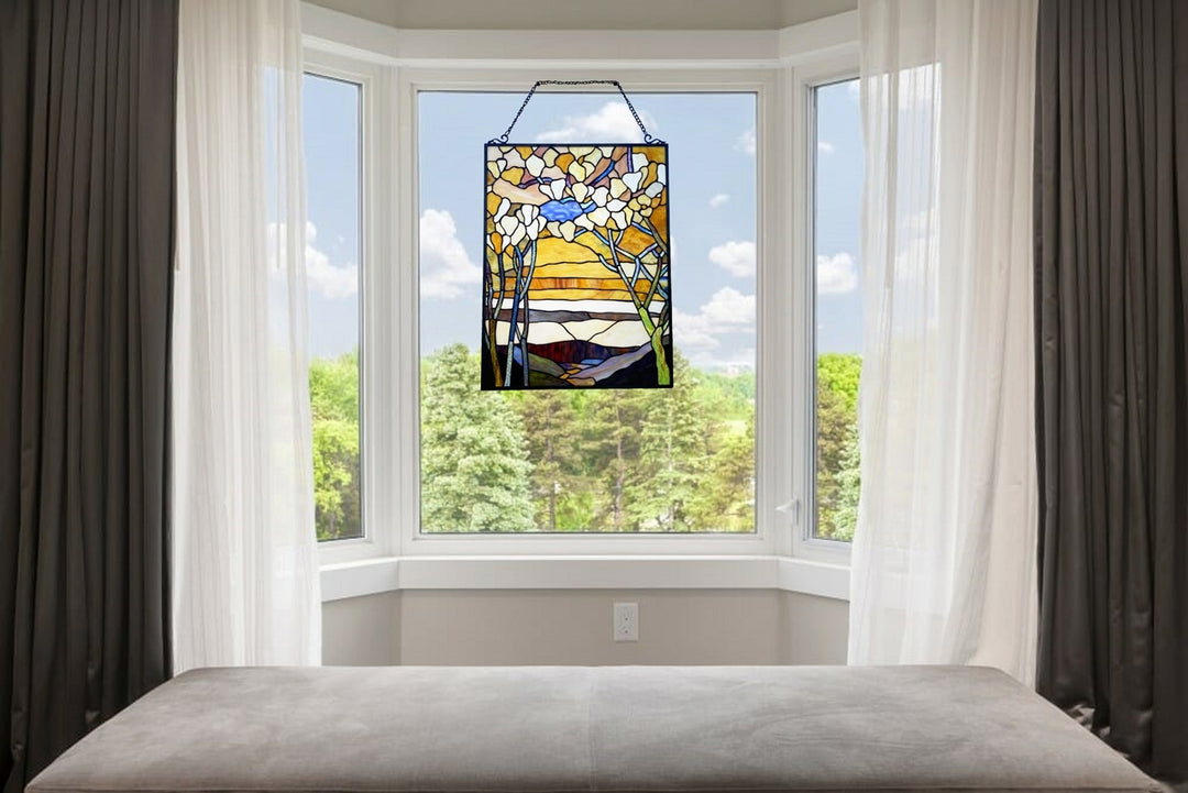 25" x 19" Autumn Landscape Stained Glass Window Panel