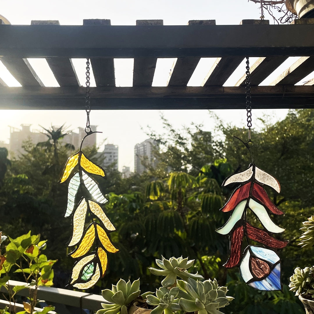 13" x 7" Double Feather Stained Glass Window Suncatcher