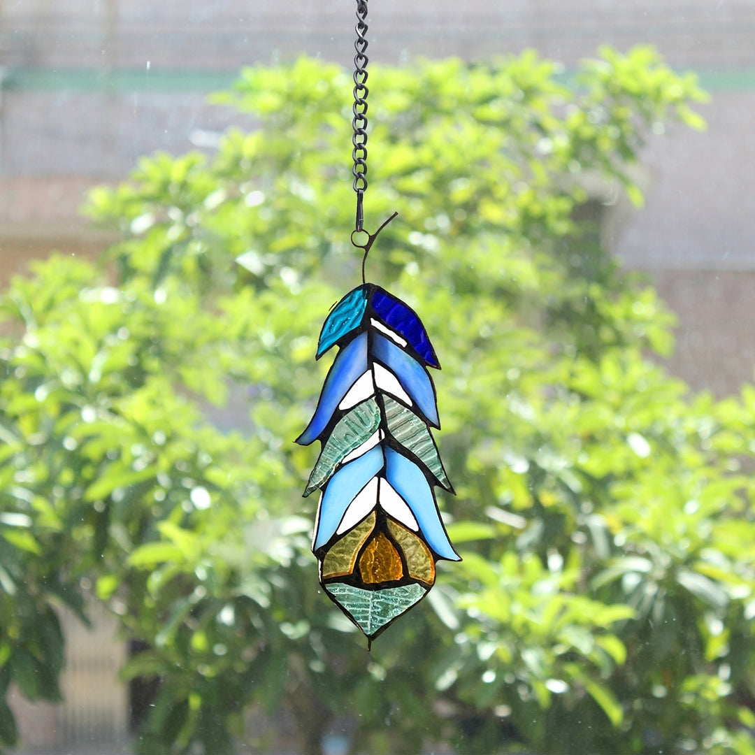13" x 3.5" Blue & Amber Feather Stained Glass Window Suncatcher