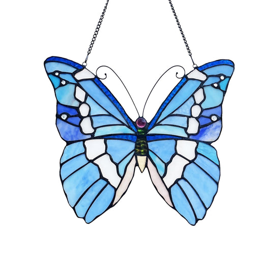 14" x 12" Blue Butterfly Stained Glass Window Suncatcher