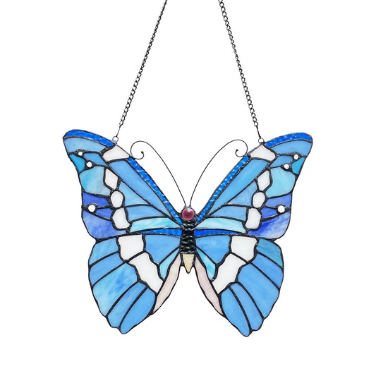 14" x 12" Blue Butterfly Stained Glass Window Suncatcher