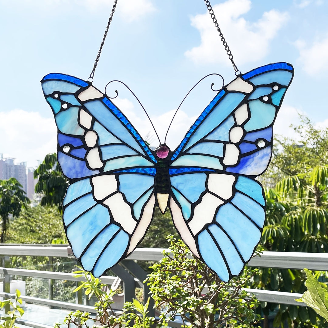 14" x 12" Blue Butterfly Stained Glass Window Suncatcher