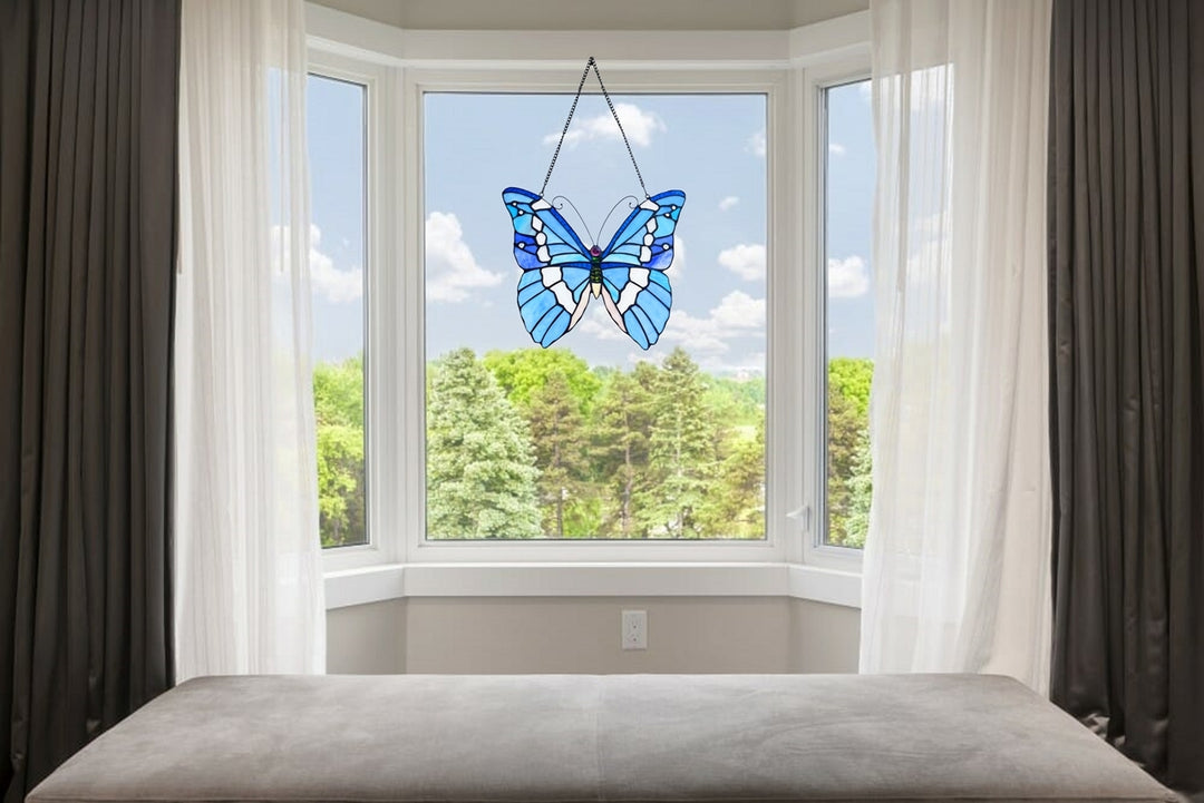 14" x 12" Blue Butterfly Stained Glass Window Suncatcher