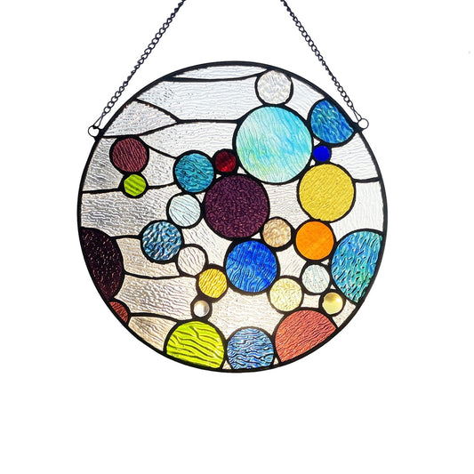13" x 13" Multicolor Round Geometric Stained Glass Window Panel