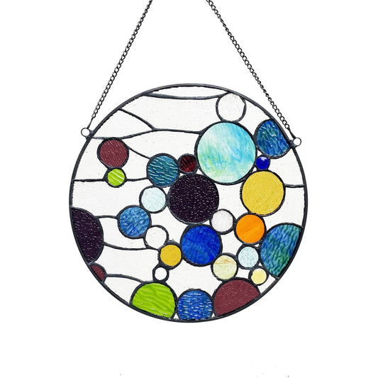 13" x 13" Multicolor Round Geometric Stained Glass Window Panel