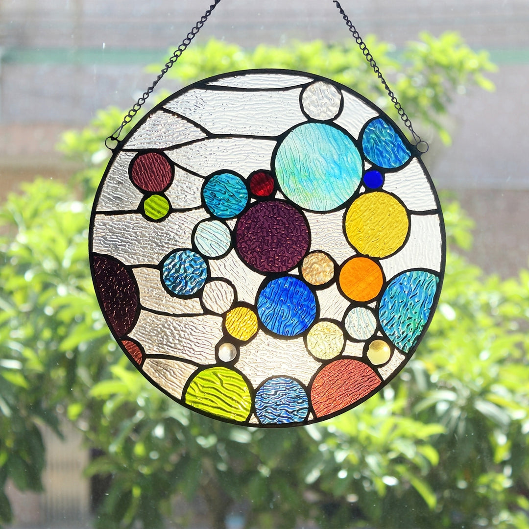 13" x 13" Multicolor Round Geometric Stained Glass Window Panel