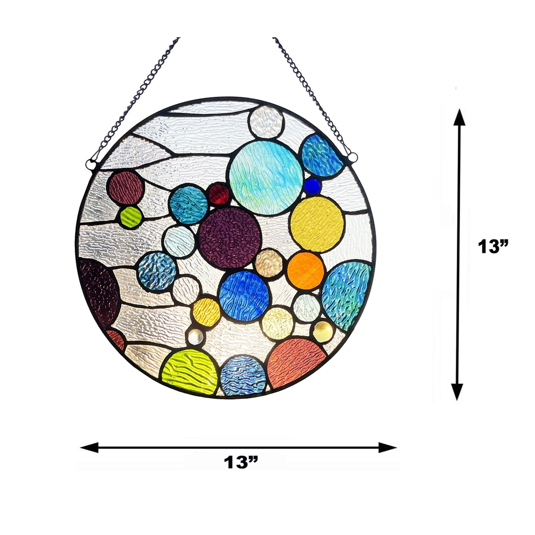 13" x 13" Multicolor Round Geometric Stained Glass Window Panel