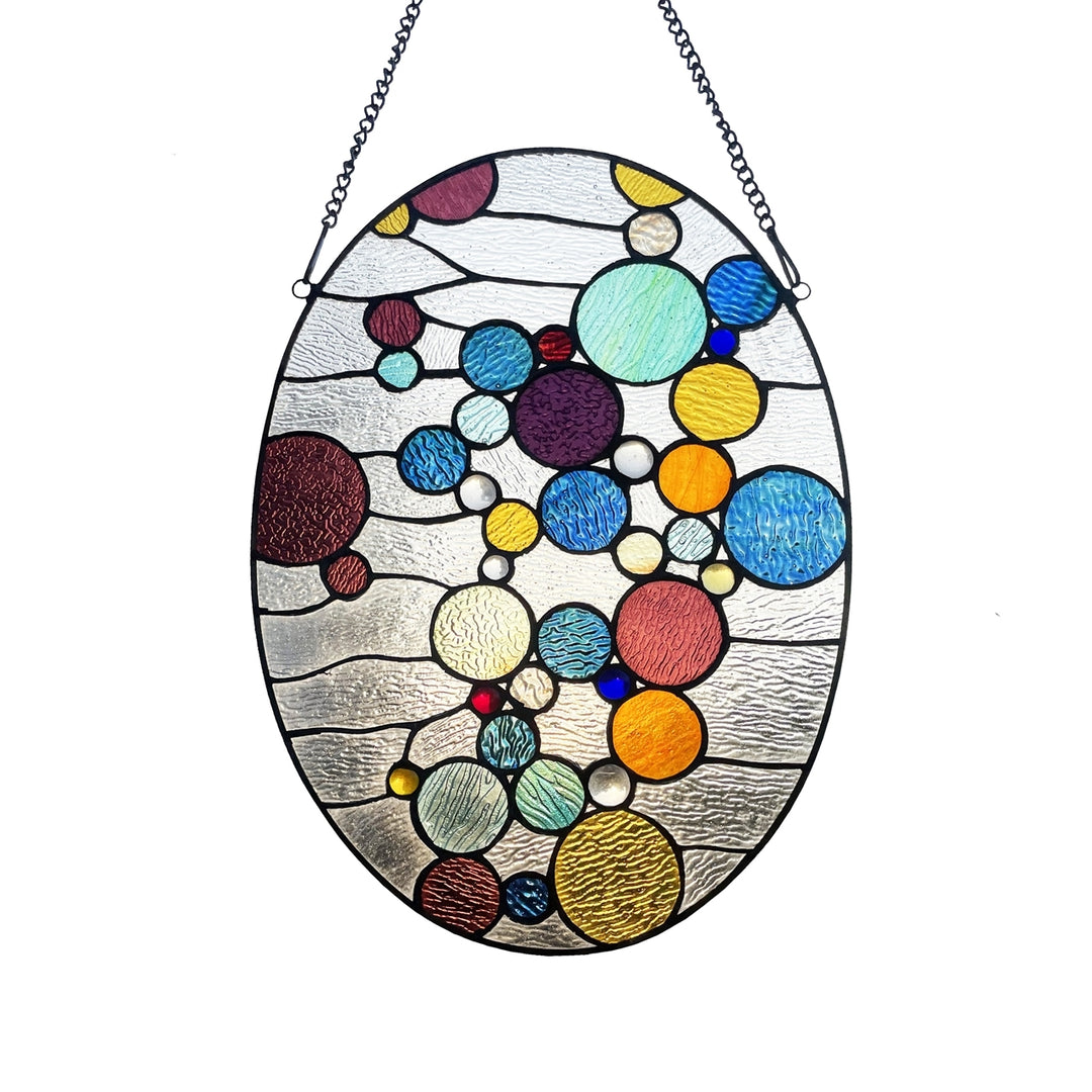20" x 14.5" Multicolor Oval Geometric Stained Glass Window Panel