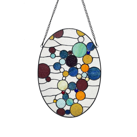 20" x 14.5" Multicolor Oval Geometric Stained Glass Window Panel