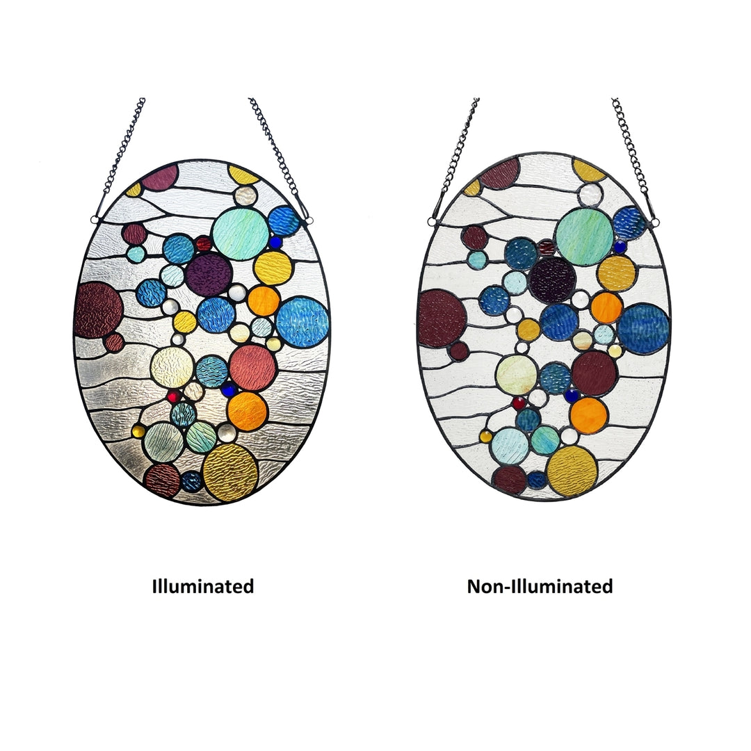 20" x 14.5" Multicolor Oval Geometric Stained Glass Window Panel