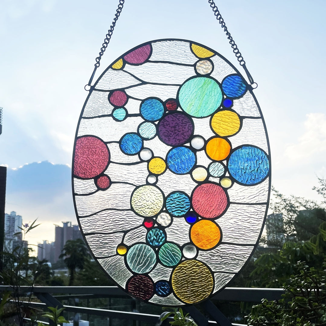 20" x 14.5" Multicolor Oval Geometric Stained Glass Window Panel