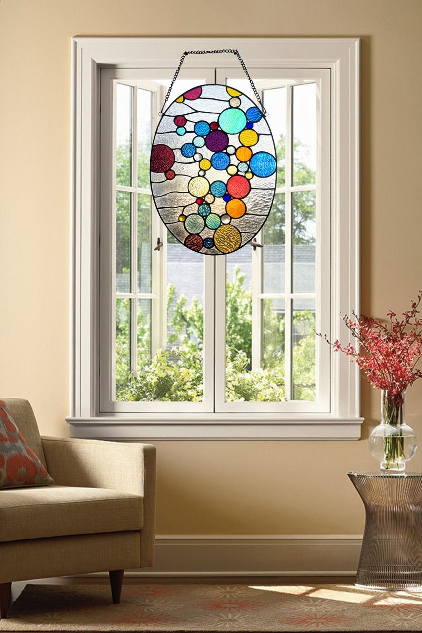 20" x 14.5" Multicolor Oval Geometric Stained Glass Window Panel