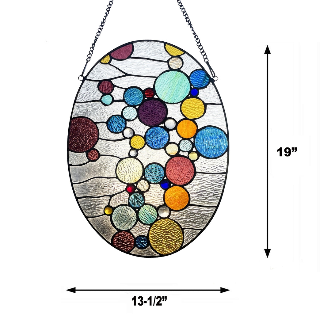 20" x 14.5" Multicolor Oval Geometric Stained Glass Window Panel