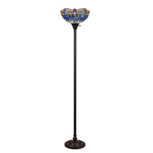 68.98" Antique Vintage Style Stained Glass Dragonfly Torchiere Floor Lamp
