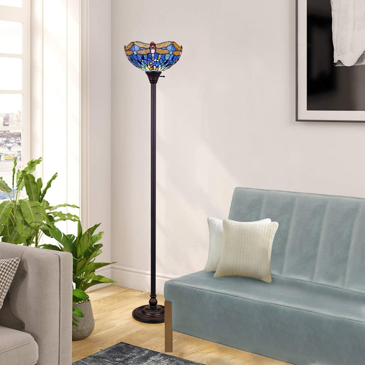 68.98" Antique Vintage Style Stained Glass Dragonfly Torchiere Floor Lamp