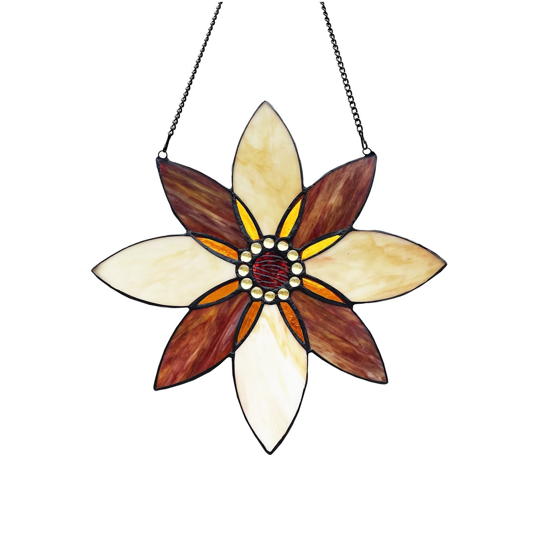 Floral Stained Glass Window Suncatcher – Amber & Cream, 13 in.